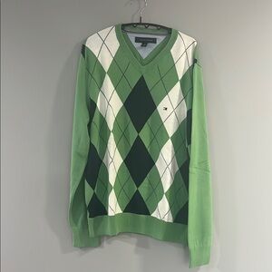 Tommy Hilfiger V-Neck Green and White Sweater